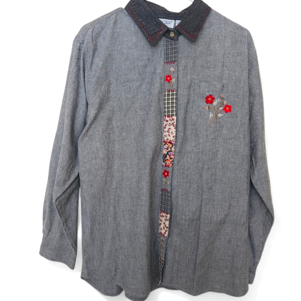 Cabin Creek gray‎ button-down floral embroidery patchwork women's 18W